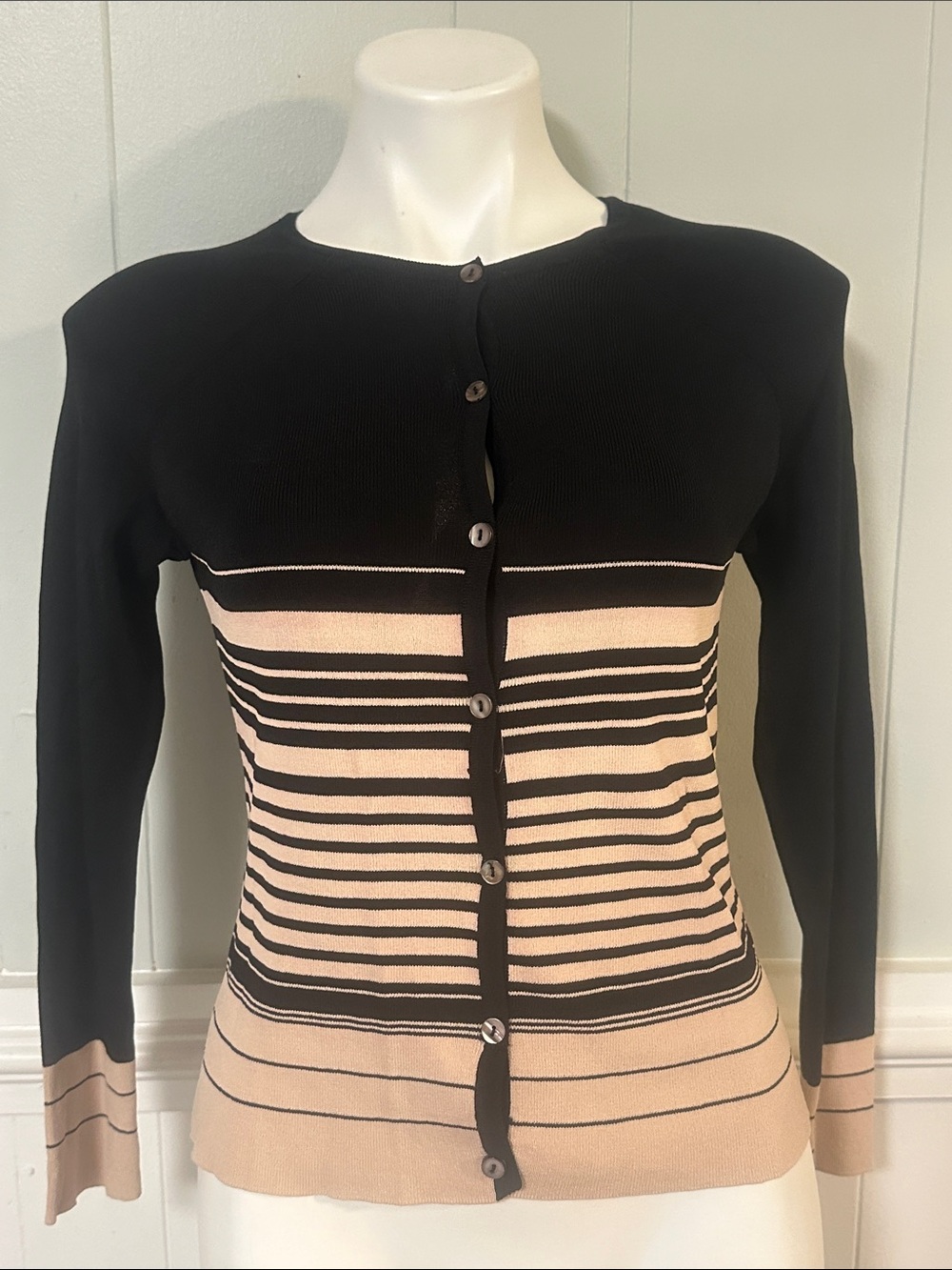 Finity Black and Beige Striped Button-Front Cardigan